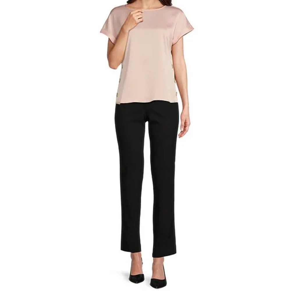 JONES NEW YORK Hammered Satin Crew Neck Short Sleeve Side Button Blouse - Picture 4 of 13